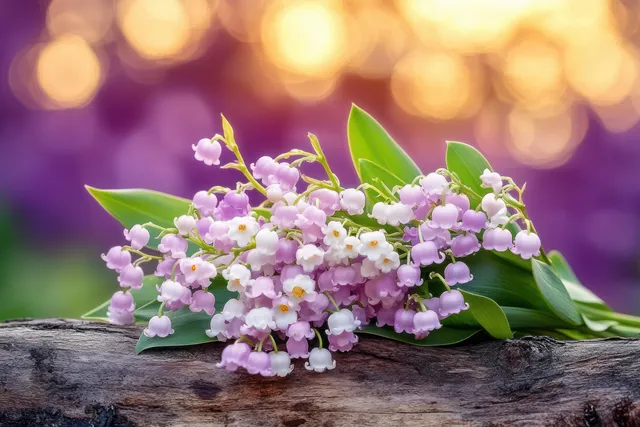 Lily of the valley bouquet with purple blossoms rests on a rustic log with soft spring bokeh.
