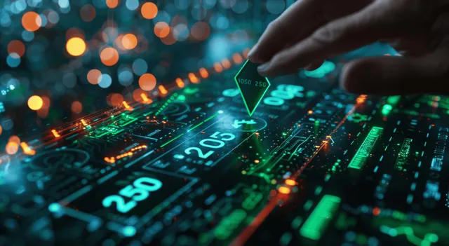 A glowing rising arrow overlays a green data grid on a futuristic screen with hands controlling the interface.