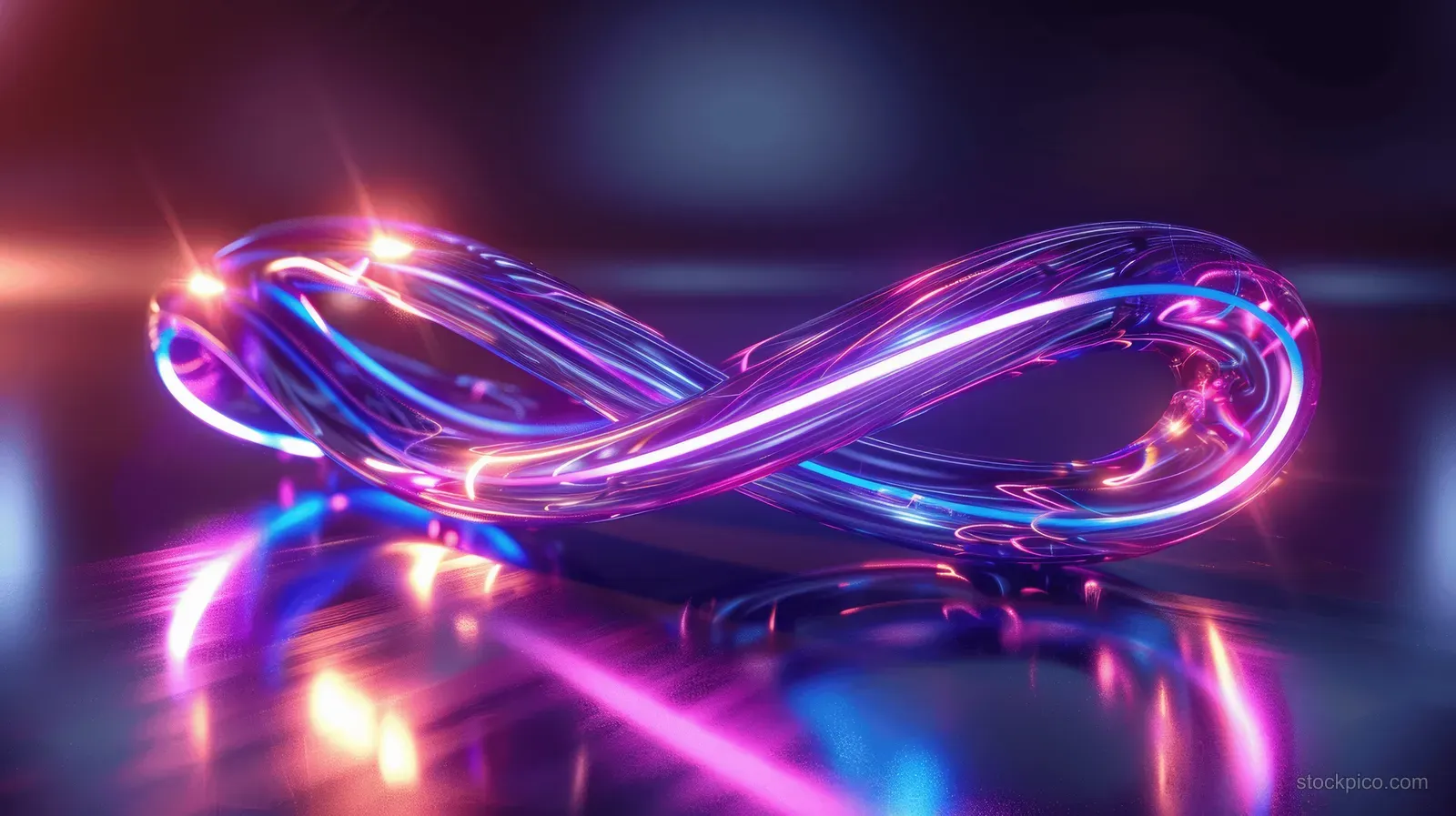Glowing neon infinity sign from purple and blue glass ribbons reflected on a shiny surface.