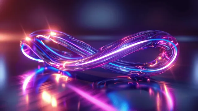 Neon infinity symbol made of glowing glass ribbons with purple blue reflections