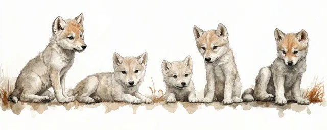 Watercolor wolf pups sitting in a line on a woodland ground, soft textured fur
