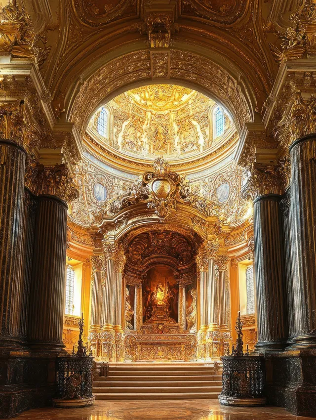 A gilded Baroque church altar is framed by ornate columns and a luminous dome, showcasing intricate architectural details.