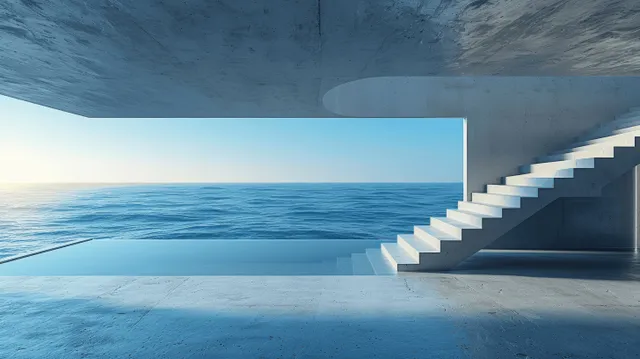 Minimalist concrete entrance with steps and an ocean horizon framed by modern architecture.