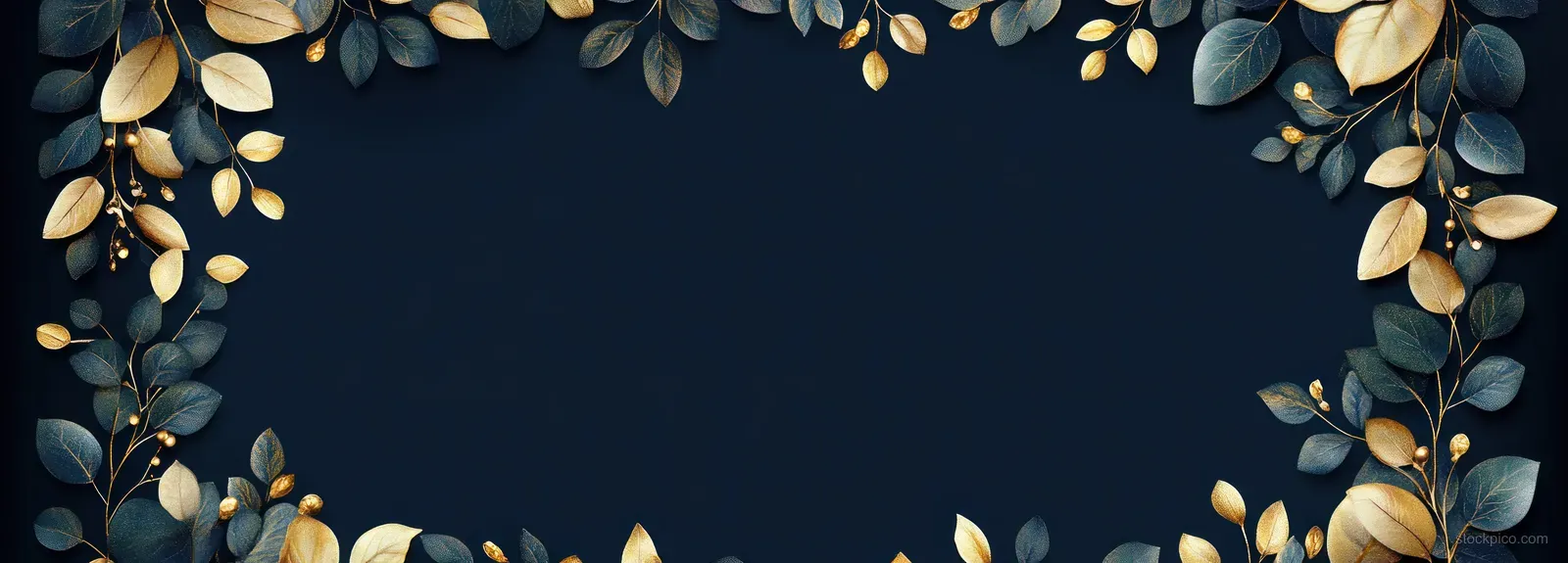 Gold and blue leaves with small berries create a symmetrical frame on a dark navy background.