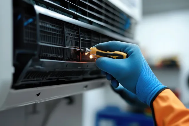 Technician in blue gloves servicing an indoor air conditioner unit, open panel close-up