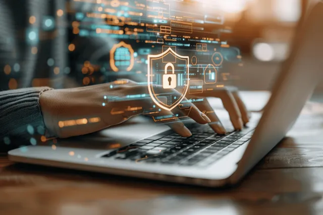 Person typing on a laptop with glowing shield and lock icons overlaying a secure network interface.