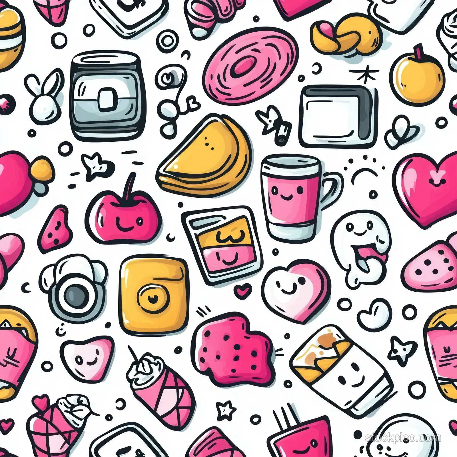 Seamless pattern of cute smiling food and drink doodles with fruits, desserts, cups, and hearts in pink and yellow.