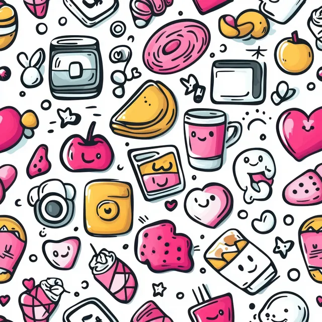 Seamless pattern of cute smiling food and drink doodles with fruits, desserts, cups, and hearts in pink and yellow.