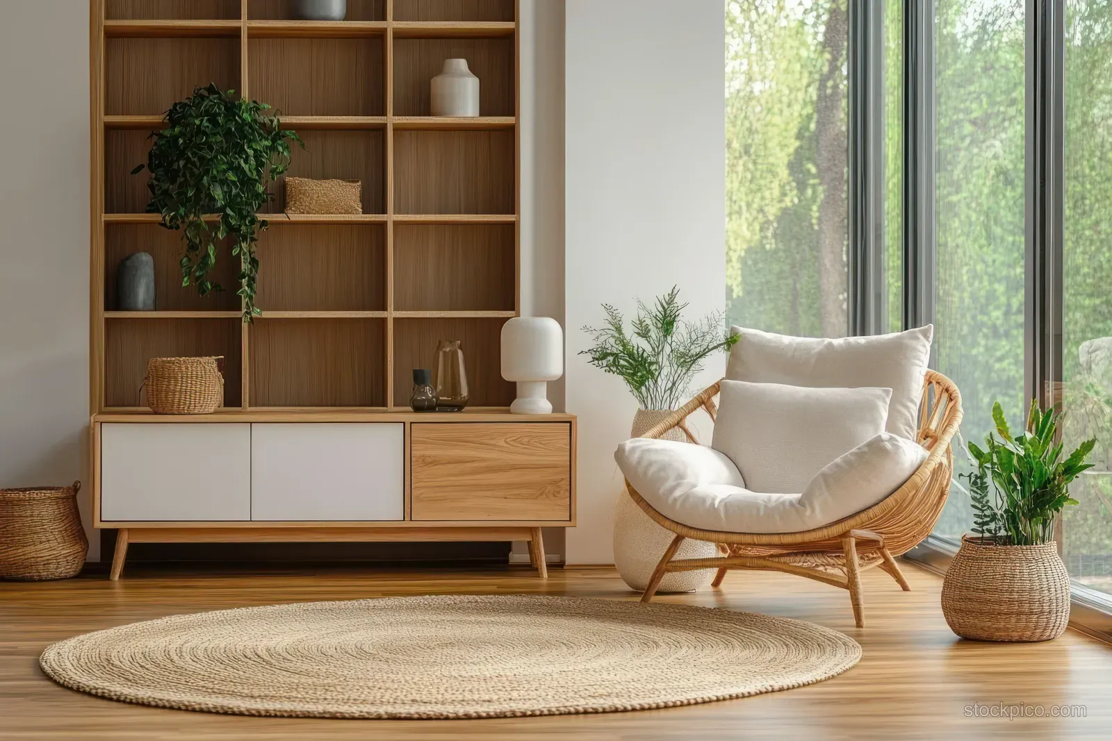 Minimalist living room with a white armchair near large windows, light wood TV cabinet, and potted plants.