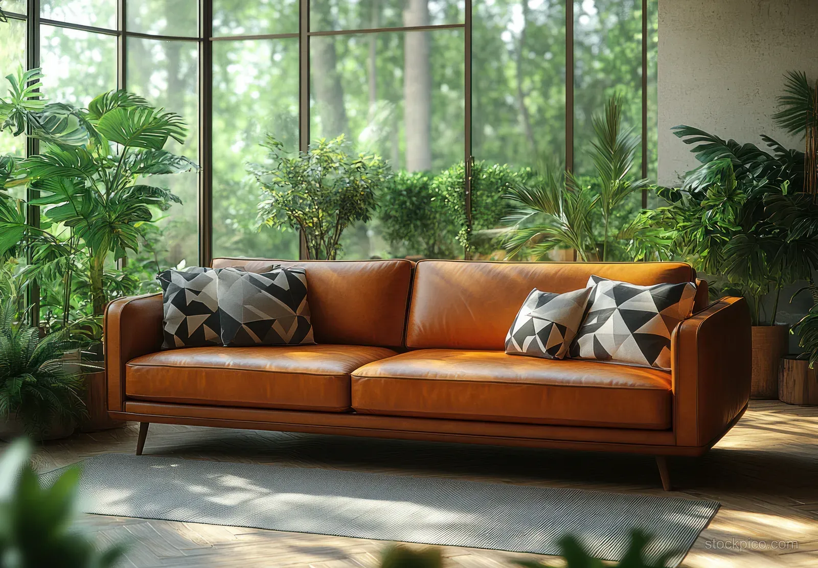 Brown leather sofa with geometric cushions sits in a sunlit minimalist living room surrounded by tall potted plants.