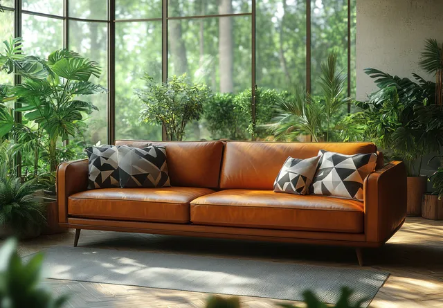 Brown leather sofa with geometric cushions sits in a sunlit minimalist living room surrounded by tall potted plants.