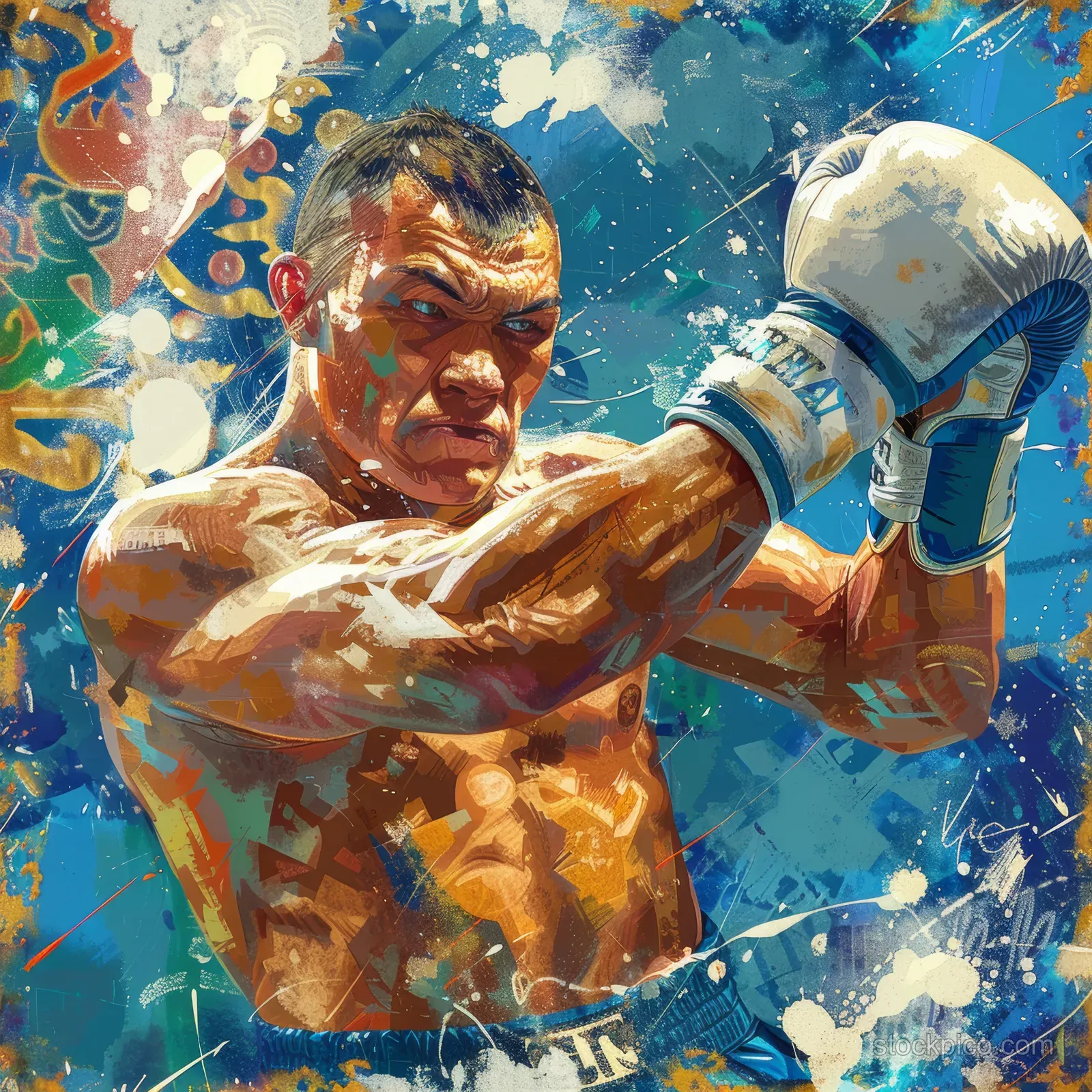 A super-heavyweight boxer in boxing gloves punches forward within swirling blue abstract splashes and decorative patterns.