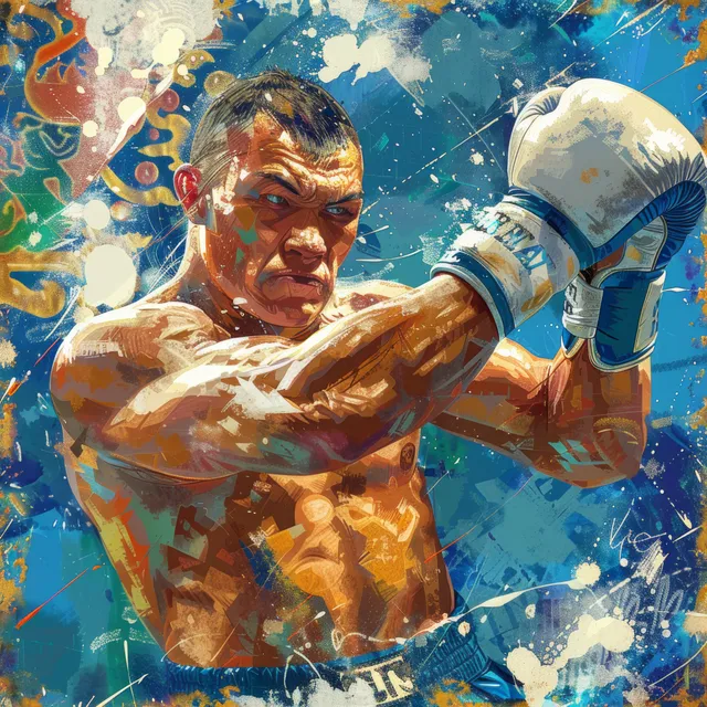 Kazakh super-heavyweight boxer throws a powerful punch against abstract blue splashes