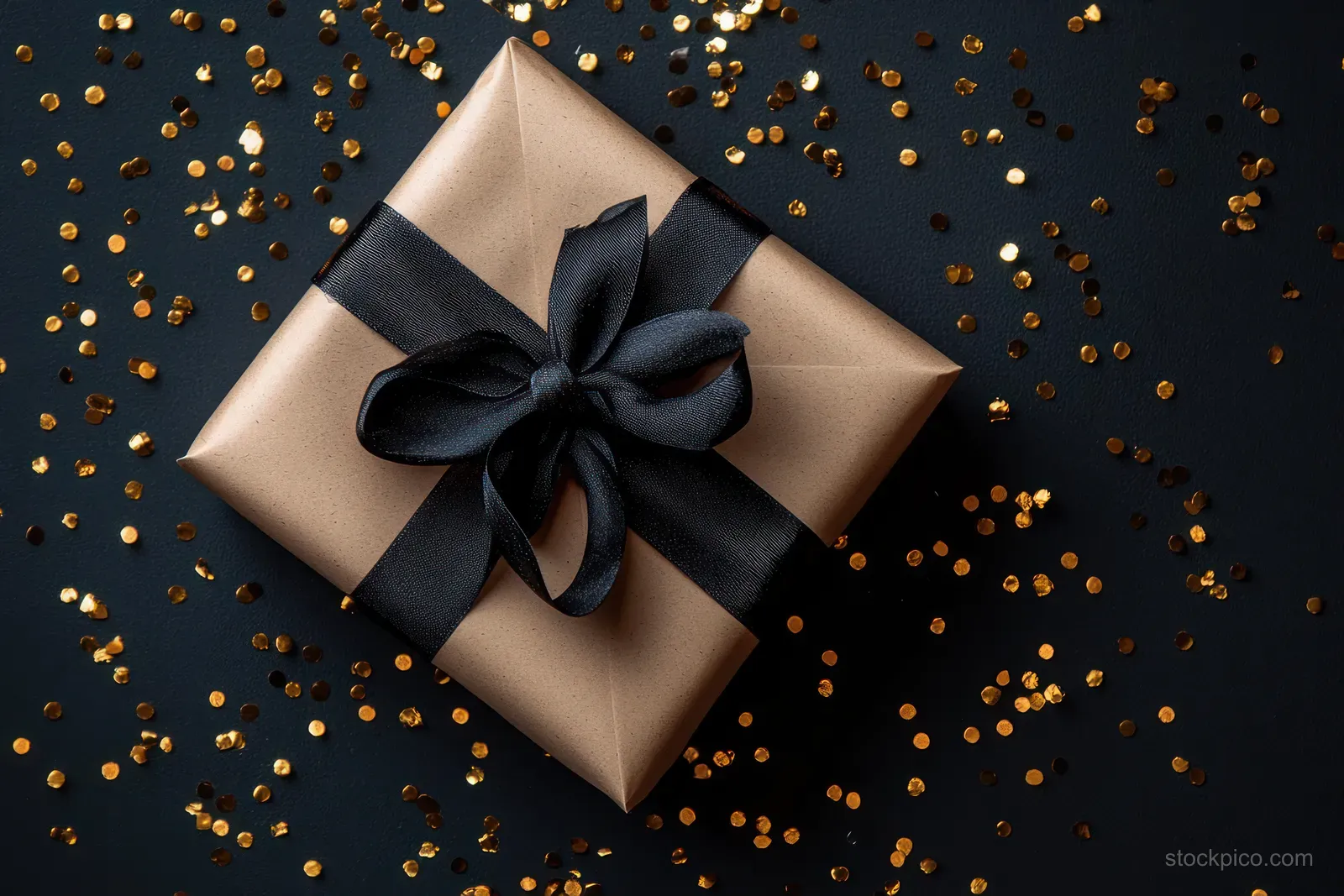 Minimal wrapped gift box with black ribbon bow and surrounding gold confetti on a dark background.
