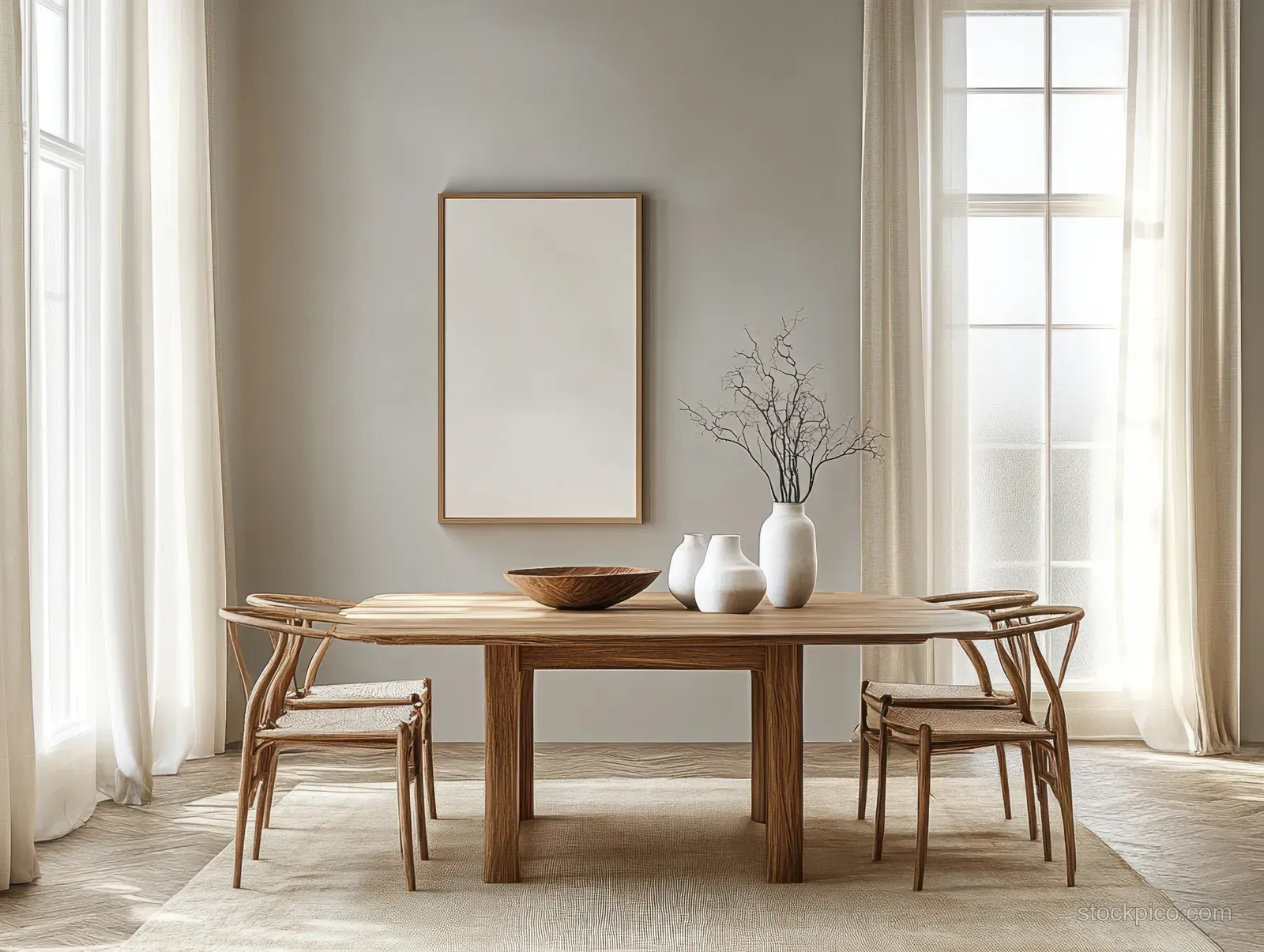 Minimalist wooden dining table and chairs beside sheer curtains and a bright window with a small vase centerpiece.
