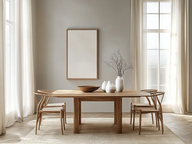 Minimalist wooden dining table and chairs beside sheer curtains and a bright window with a small vase centerpiece.