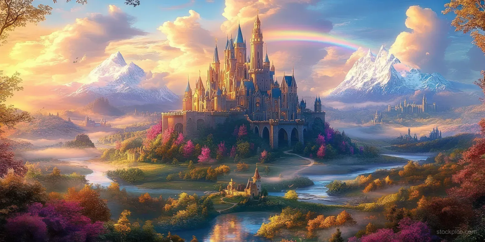 Fantasy castle with tall spires and a rainbow over a winding river framed by colorful trees and mountains.