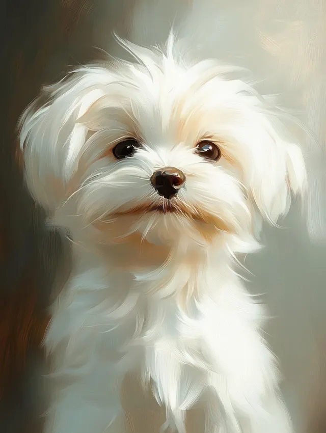 A small fluffy white dog with dark expressive eyes is shown in a close-up portrait against a blurred neutral background.
