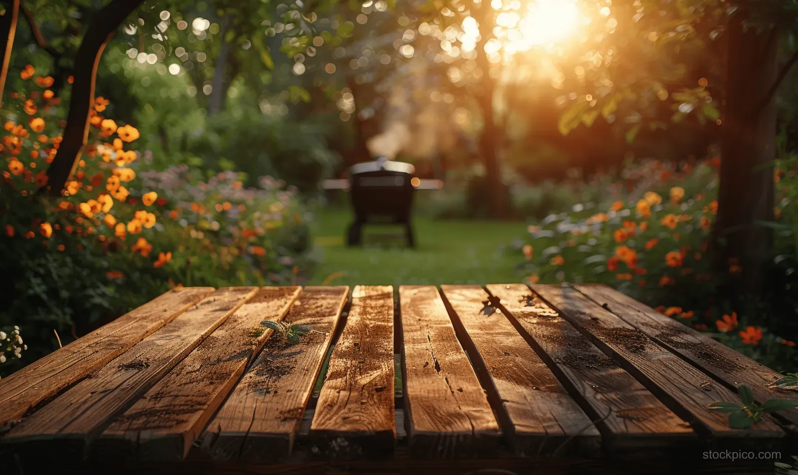 Weathered wooden table in a sunny backyard with a blurred barbecue grill behind it.