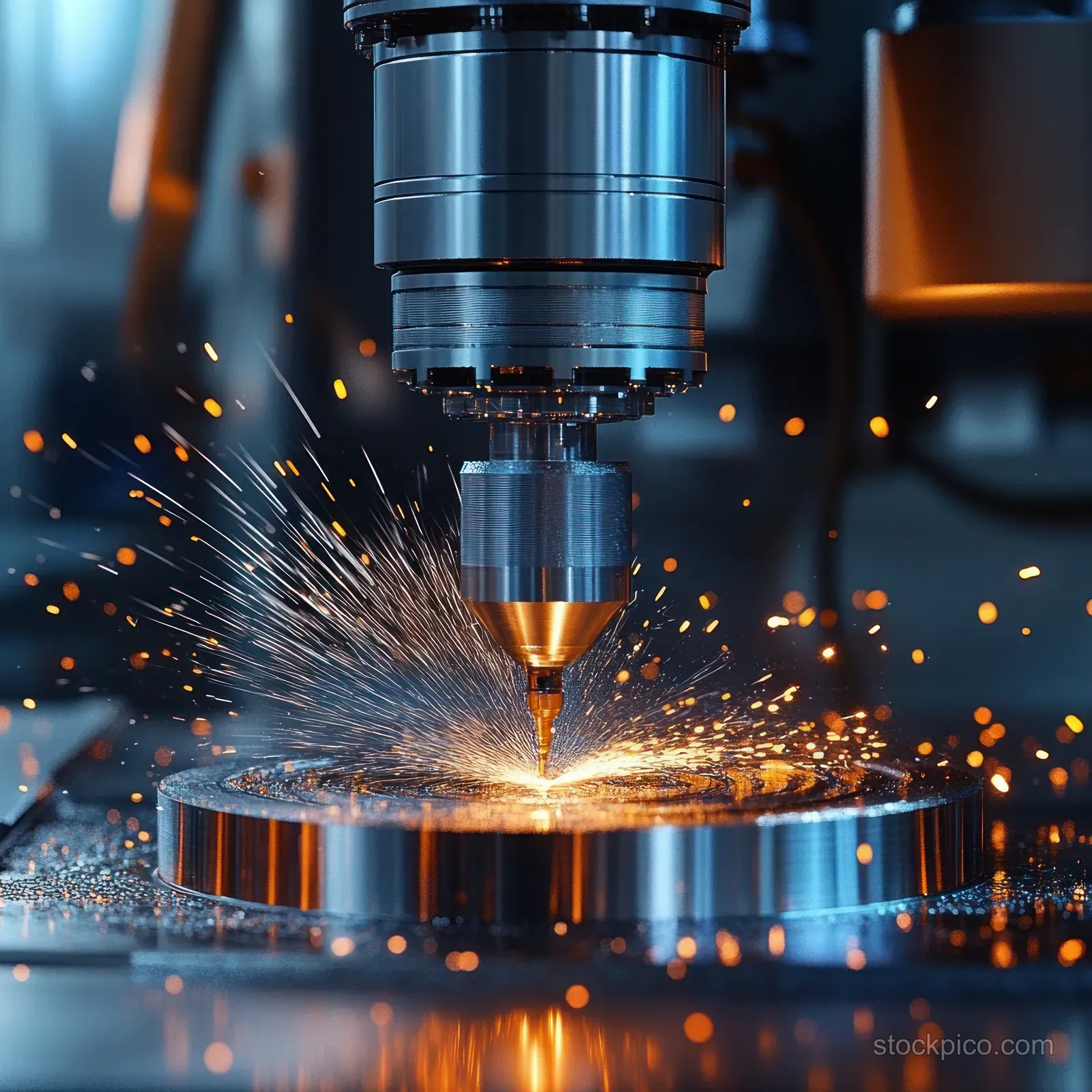 CNC spindle cutting a metal part with bright sparks spraying across the workshop surface.