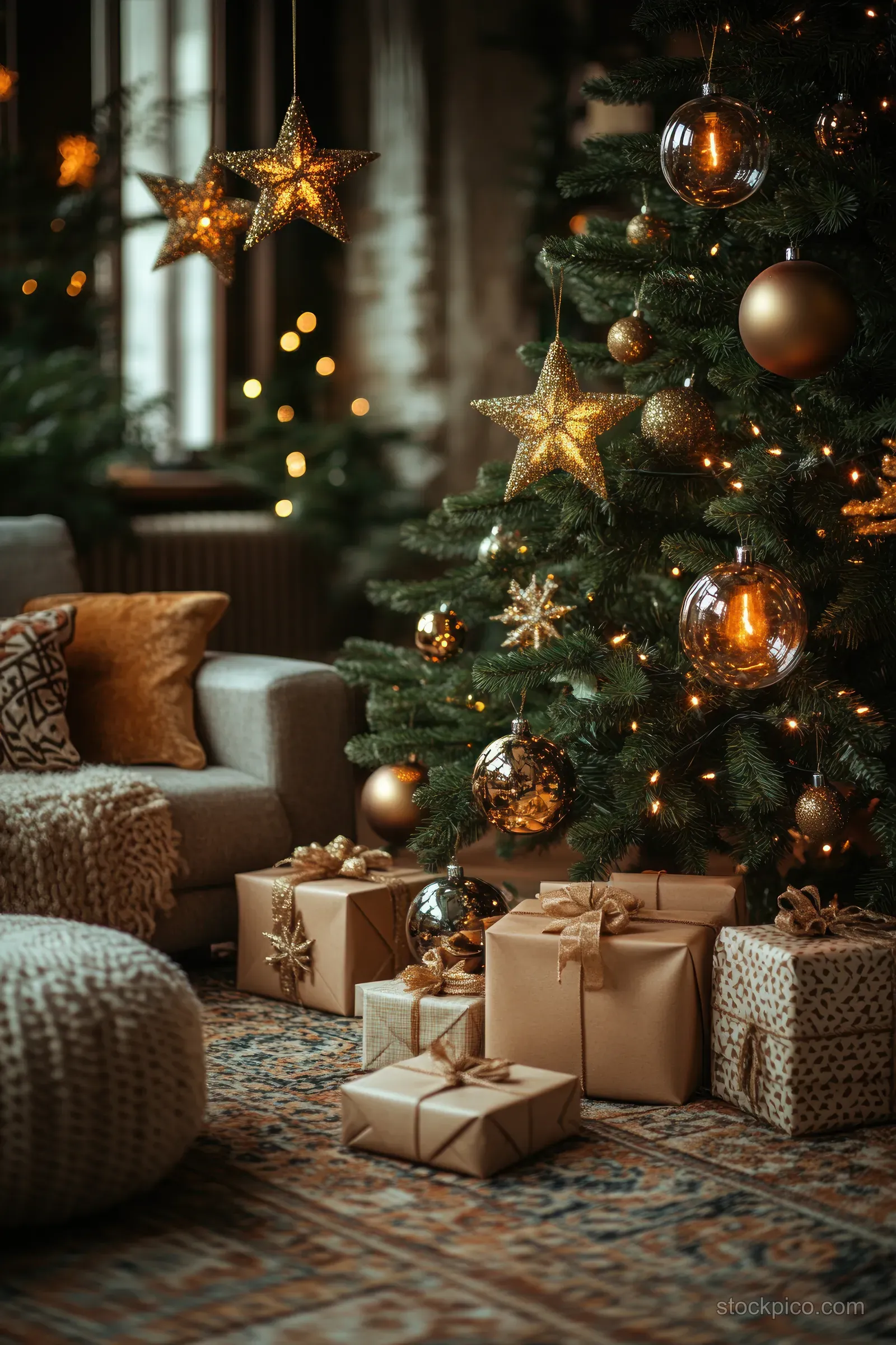 A lit Christmas tree with star ornaments stands beside wrapped gifts in a cozy living room at night.