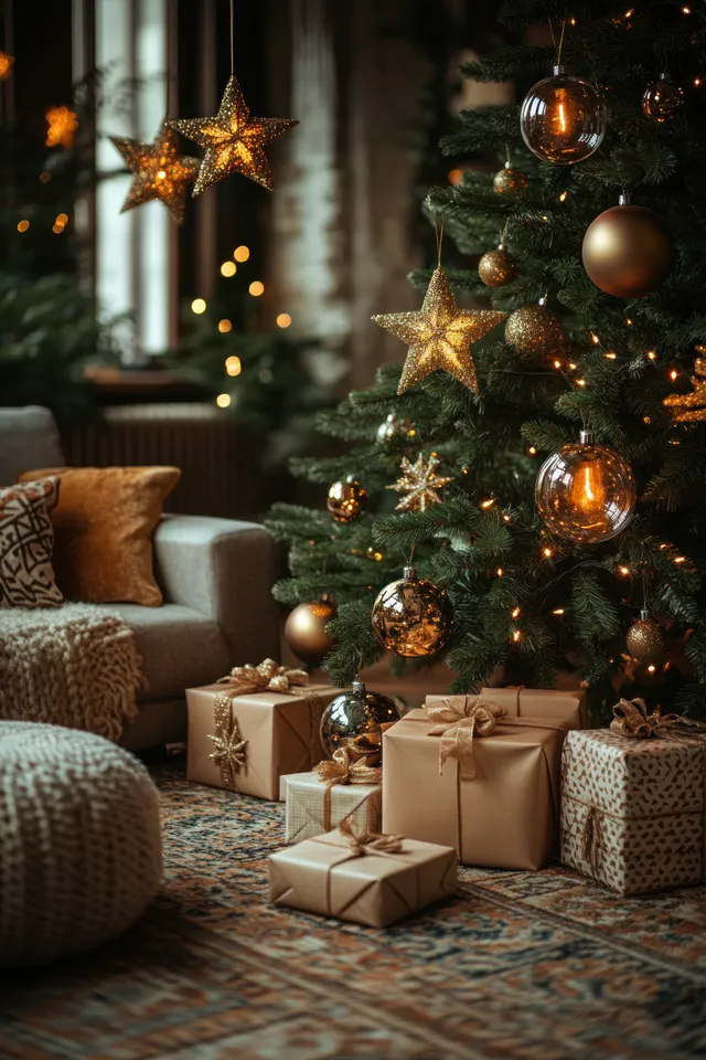 A lit Christmas tree with star ornaments stands beside wrapped gifts in a cozy living room at night.