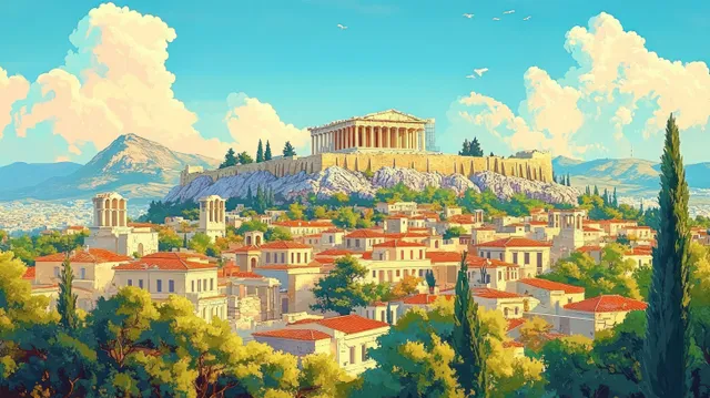 Ancient temple on a hill above red-roofed homes, surrounded by green trees under a bright blue sky.