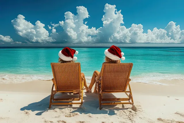 Two people in red holiday hats sit on lounge chairs holding hands and facing the turquoise ocean.