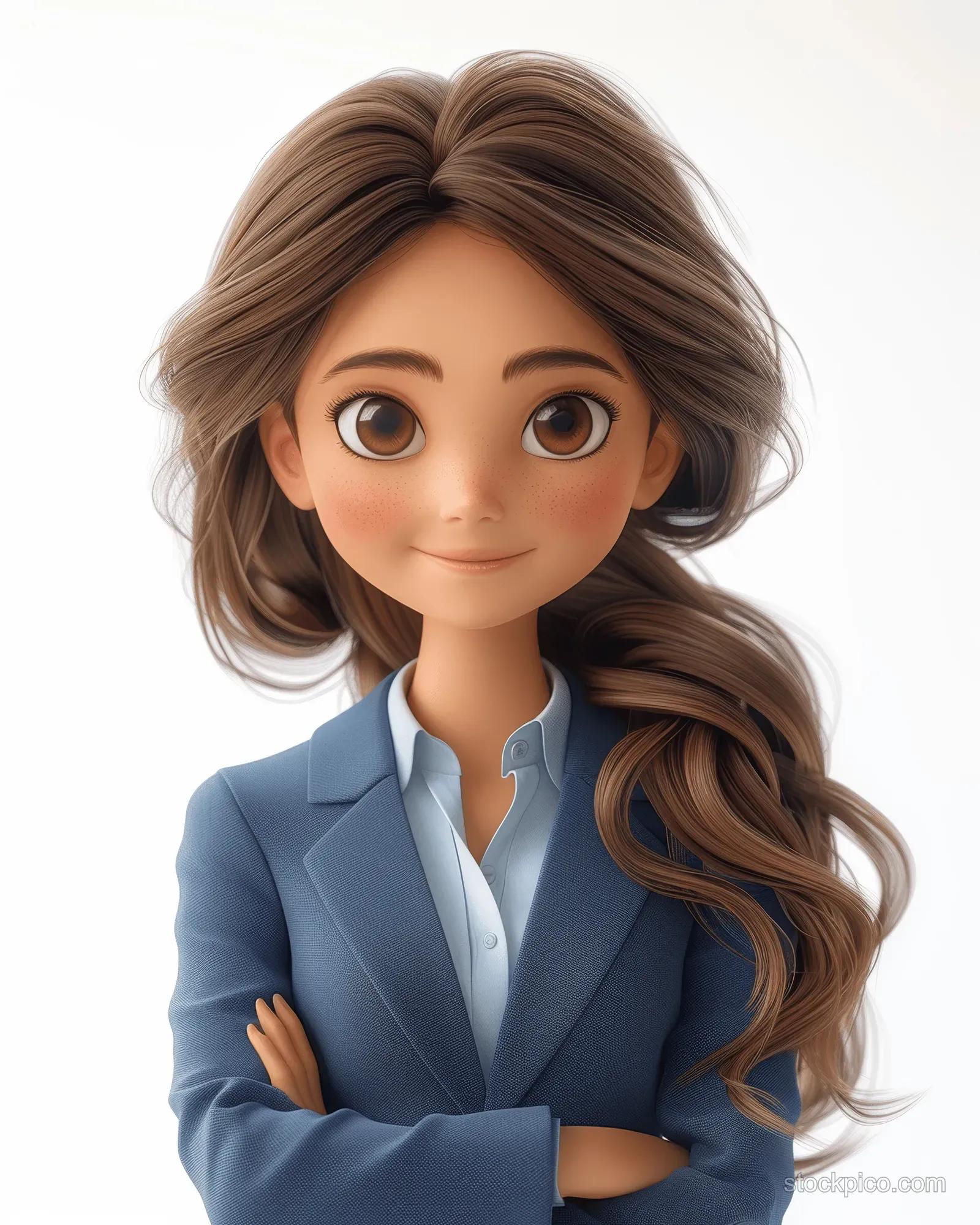 Smiling 3D cartoon businesswoman in a blue suit presents with crossed arms on a white background.
