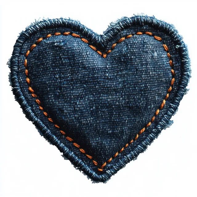 Close-up of a heart-shaped blue denim patch with orange stitching and frayed edges on a white background.