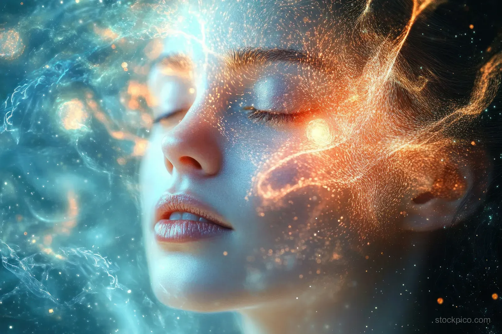 Close-up portrait of a meditating woman with closed eyes as blue and orange glowing particles swirl around her face.