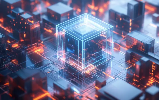 Aerial view of neon wireframe cubes connected by glowing network lines over metallic futuristic blocks.