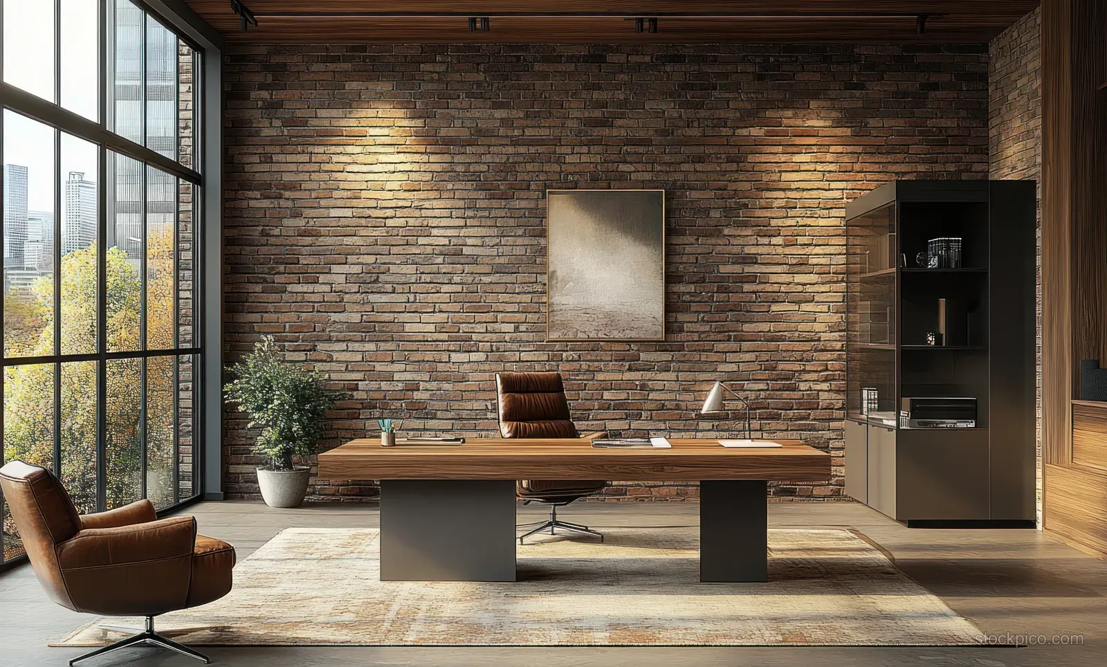 A modern loft office interior shows a wooden desk, leather chairs, large windows, and a textured brick accent wall.