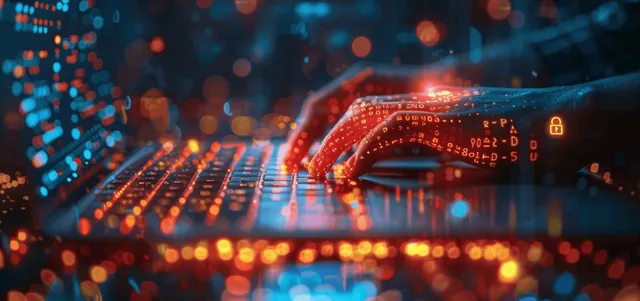 Glowing padlock icons shield a laptop while encrypted network code patterns flow in the background.
