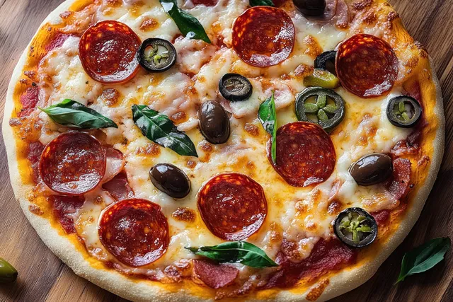 Pepperoni pizza with black olives and basil leaves on a wooden board with melted mozzarella and tomato sauce.