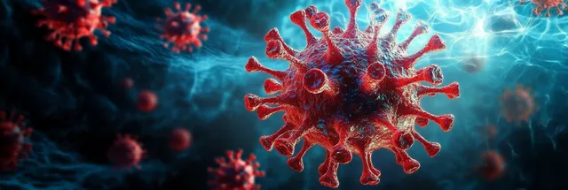 3D render of red virus particles with spikes floating in a glowing blue microscopic scene