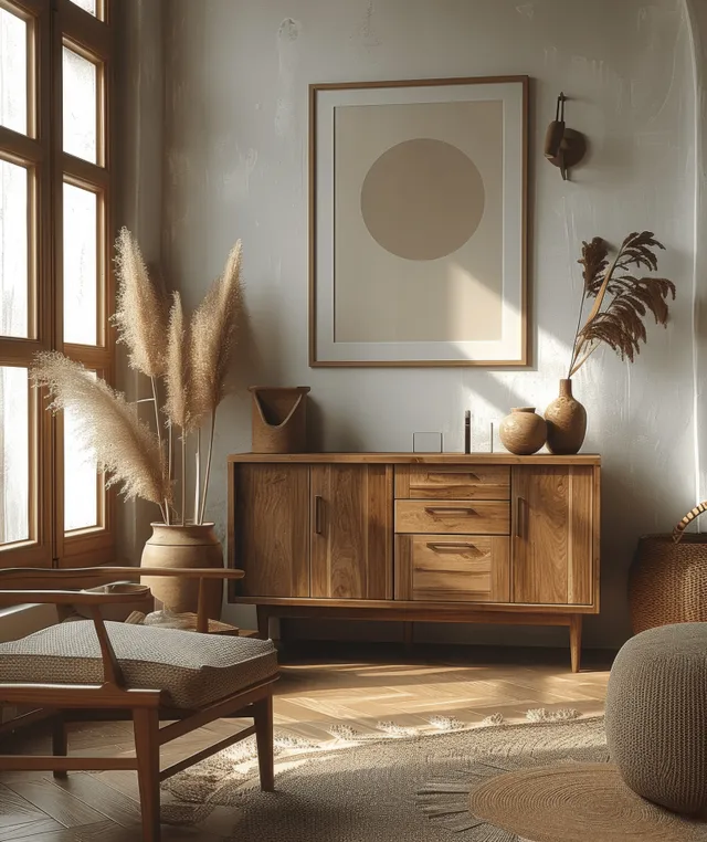 Sunlit bohemian living room corner with wooden sideboard, blank poster frame, pampas grass, and woven seating.