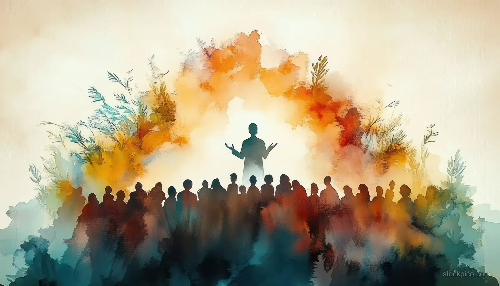 Jesus stands above a crowd on a mountain in a watercolor scene with colorful mist and silhouettes.