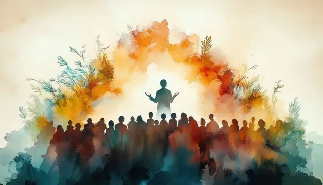 Jesus stands above a crowd on a mountain in a watercolor scene with colorful mist and silhouettes.