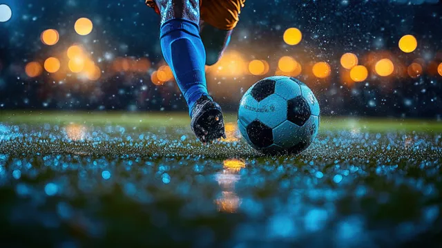 Soccer player kicks a wet ball on rainy turf under bright stadium lights