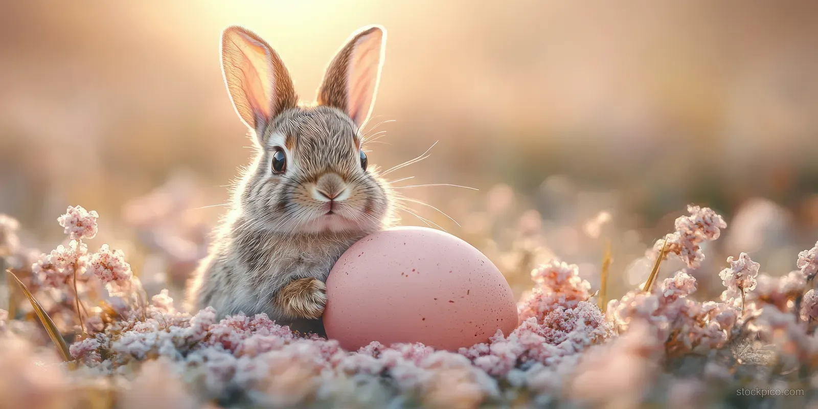 Easter bunny peeks out of a cracked pink egg among spring flowers on a soft meadow background.