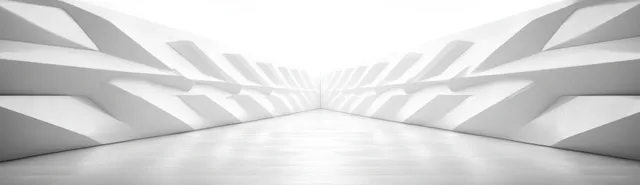 Futuristic geometric tunnel background with white-gray angular panels and centered symmetry.