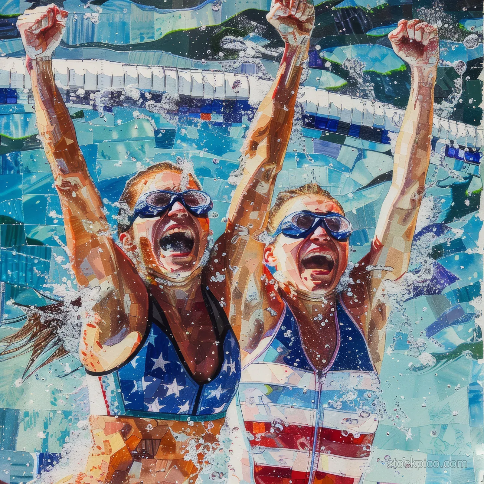 Two United States female divers celebrate with arms raised after a synchronized dive, showcasing excitement and teamwork.