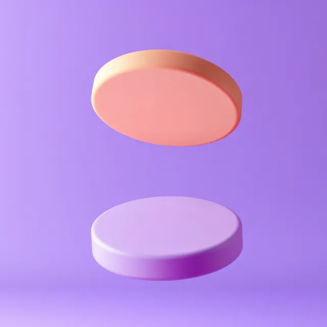 Two floating 3D coins hover over a purple gradient background with soft shadows.