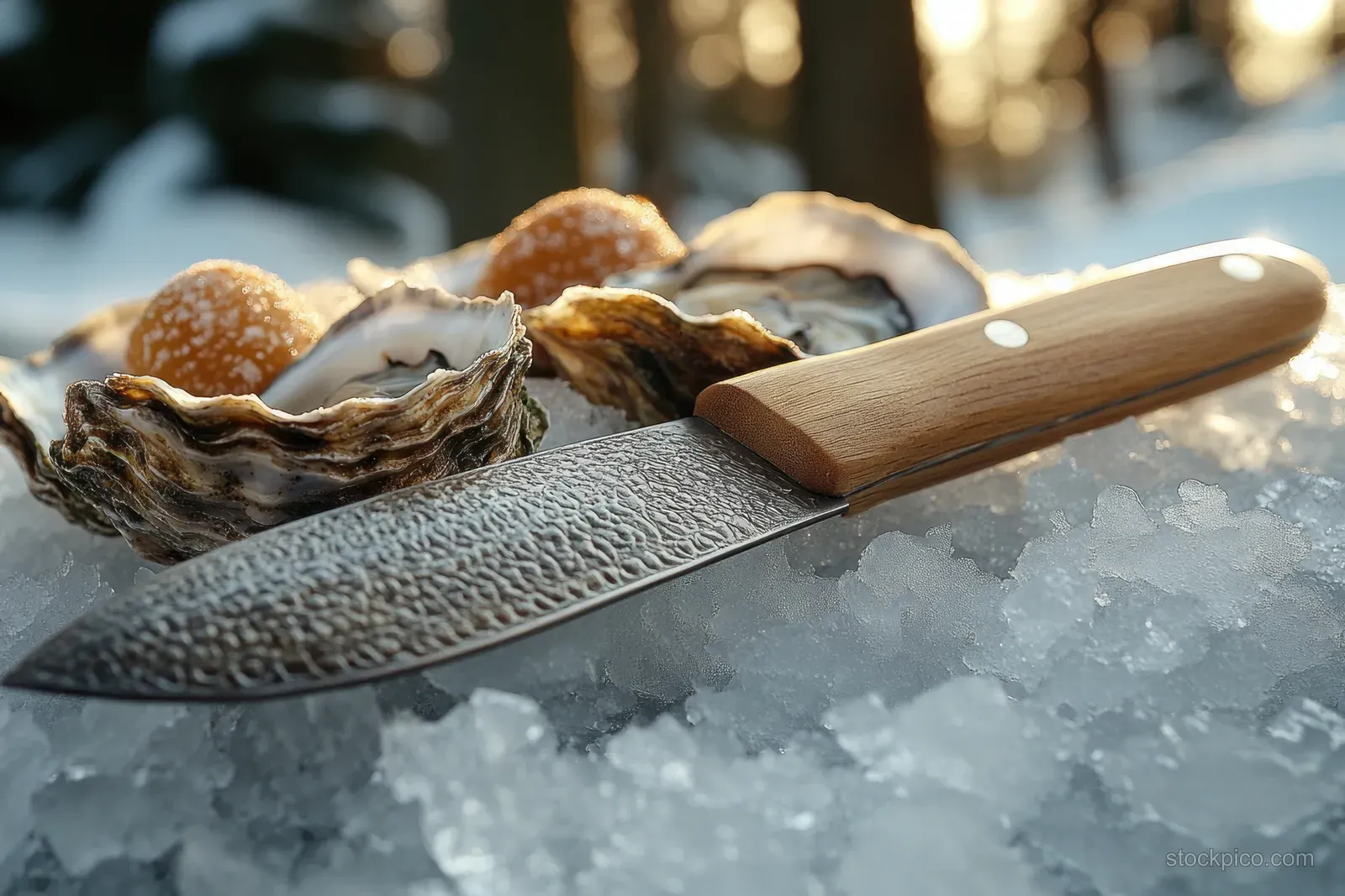 Fresh oysters sit on crushed ice beside a wooden knife and lemon wedge on a dining table.