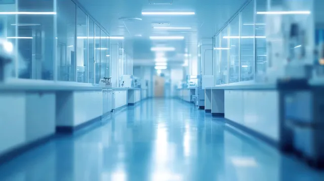 Clean laboratory hallway with reflective blue floor and glass cabinets under bright fluorescent ceiling lights.