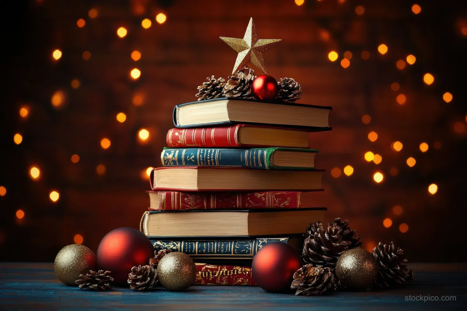 Stacked colorful books form a Christmas tree with a glowing star, shiny ornaments, and pinecones under warm lights.