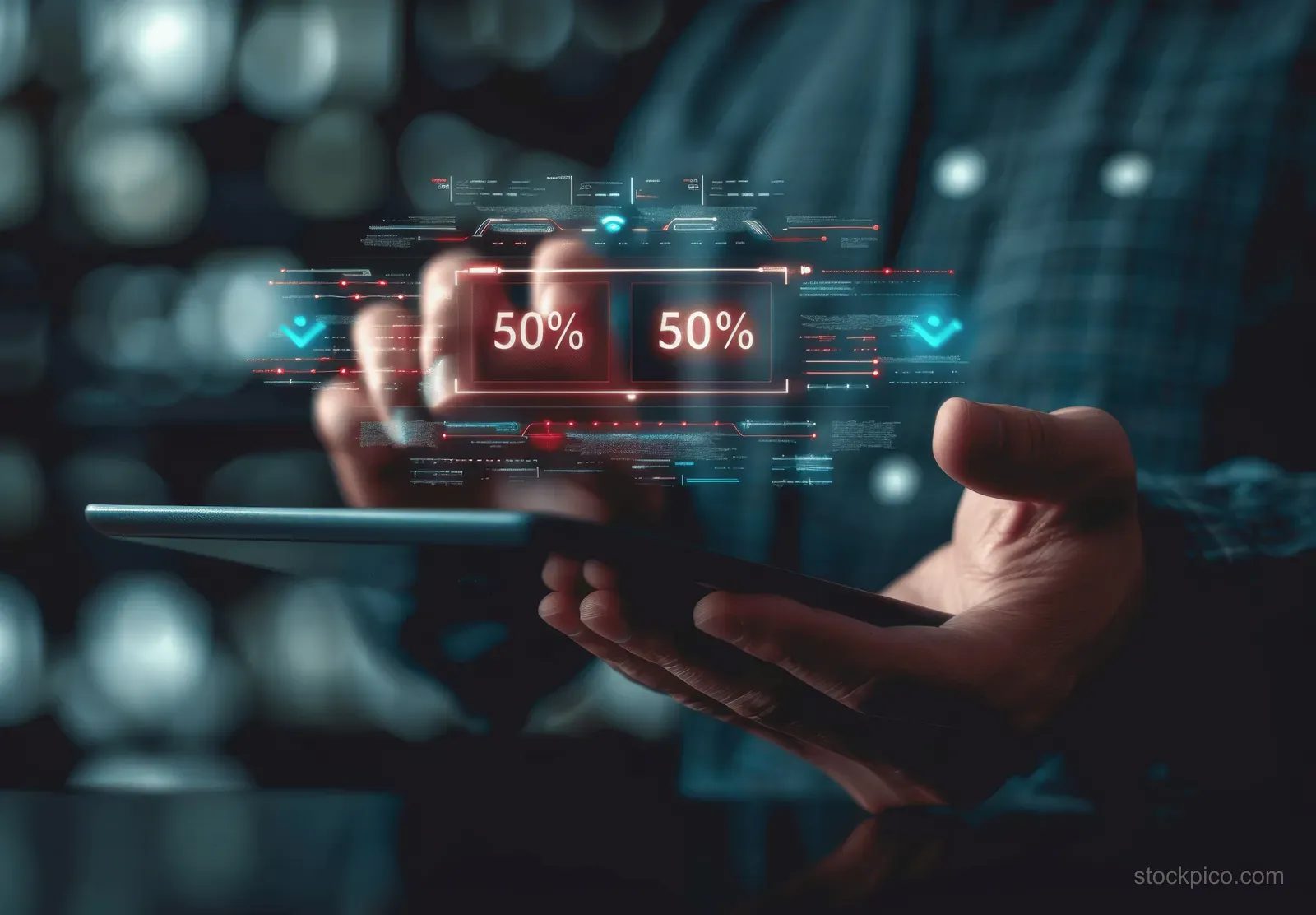 Hands hold a tablet while hologram-like web and cloud server icons float above a dark digital background.