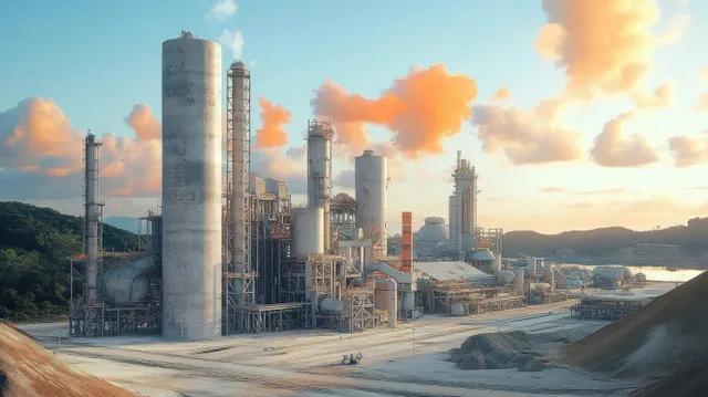 Surreal cement factory at sunset with towering silos, pipework, and smoky stacks casting long shadows.