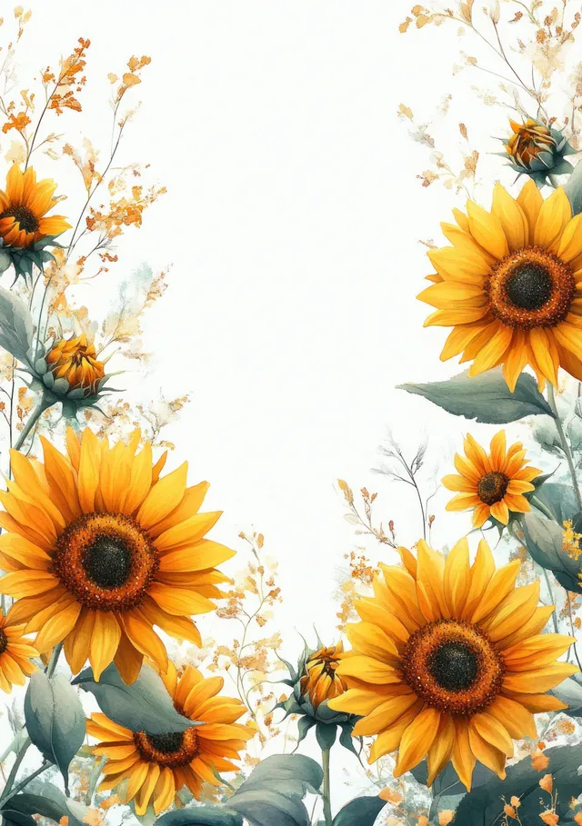 Watercolor sunflower floral frame with greenery and leaves on a bright invitation background with Seasonal Spring Summer Theme